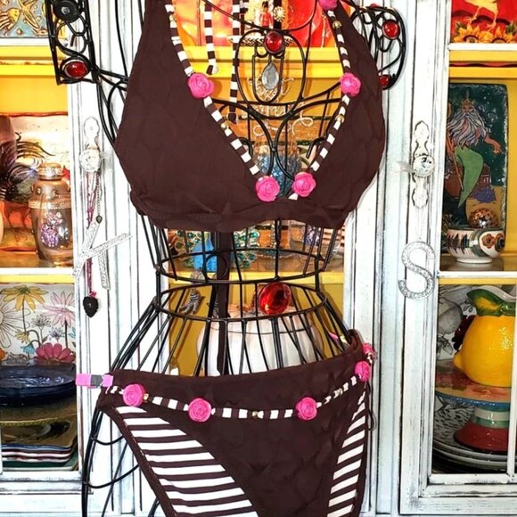 Vintage Betsey Johnson Bikini Pink 3D Rose Brown Hearts Fabric Swimsuit Size L M - Picture 6 of 14